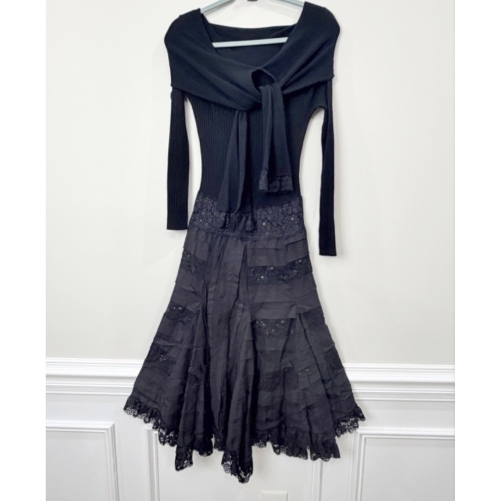 VTG CACHE Style Small Midi Dress Black LS Ribbed Knit Tiered Lace Sequin Goth - Picture 3 of 16